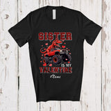 MacnyStore - Personalized Custom Name Sister Is My Valentine; Humorous Plaid T-Rex On Monster Truck Family T-Shirt