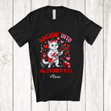 MacnyStore - Personalized Custom Name Rockin' Into Valentine; Joyful Cat Playing Bass Guitar; Women Girls Family T-Shirt