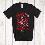 MacnyStore - Personalized Custom Name Rockin' Into Valentine; Joyful Flamingo Playing Bass Guitar; Girls Family T-Shirt