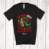 MacnyStore - Personalized Custom Name Rockin' Into Valentine; Joyful T-Rex Playing Bass Guitar Men Boys Family T-Shirt