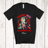 MacnyStore - Personalized Custom Name Rockin' Into Valentine; Joyful Unicorn Playing Bass Guitar; Girls Family T-Shirt