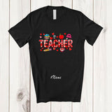MacnyStore - Personalized Custom Name Teacher; Lovely Valentine Hearts School Tools; Women Proud Jobs T-Shirt