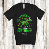 MacnyStore - Personalized Custom Name St. Patrick's Day Is My Birthday; Lovely T-Rex Dinosaur Holding Shamrock T-Shirt