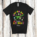 MacnyStore - Personalized Custom Name Easter Day Is My Birthday; Lovely T-Rex Dinosaur Holding Easter Egg T-Shirt