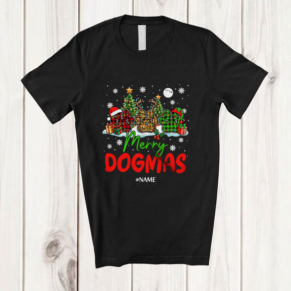MacnyStore - Personalized Custom Name Merry Dogmas; Amazing Christmas Tree Three Leopard Plaid Dog Paws T-Shirt