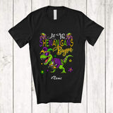 MacnyStore - Personalized Custom Name Let The Shenanigans Begin; Joyful Mardi Gras T-Rex Sunglasses Beads T-Shirt