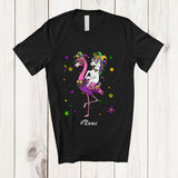 MacnyStore - Personalized Custom Name Unicorn Riding Flamingo; Joyful Mardi Gras Flamingo Masked Beads T-Shirt