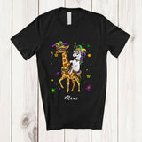 MacnyStore - Personalized Custom Name Unicorn Riding Giraffe; Joyful Mardi Gras Giraffe Masked Beads T-Shirt