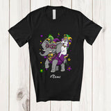 MacnyStore - Personalized Custom Name Unicorn Riding Elephant; Joyful Mardi Gras Elephant Masked Beads T-Shirt