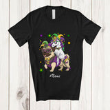 MacnyStore - Personalized Custom Name Unicorn Riding Pug; Joyful Mardi Gras Pug Masked Beads T-Shirt