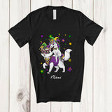 MacnyStore - Personalized Custom Name Unicorn Riding Cat; Joyful Mardi Gras Cat Masked Beads T-Shirt