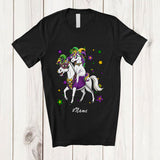 MacnyStore - Personalized Custom Name Unicorn Riding Horse; Joyful Mardi Gras Horse Masked Beads T-Shirt