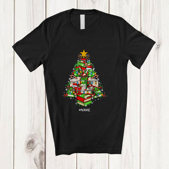 MacnyStore - Personalized Custom Name Books Christmas Tree; Adorable Book Nerd; Librarian Teacher T-Shirt