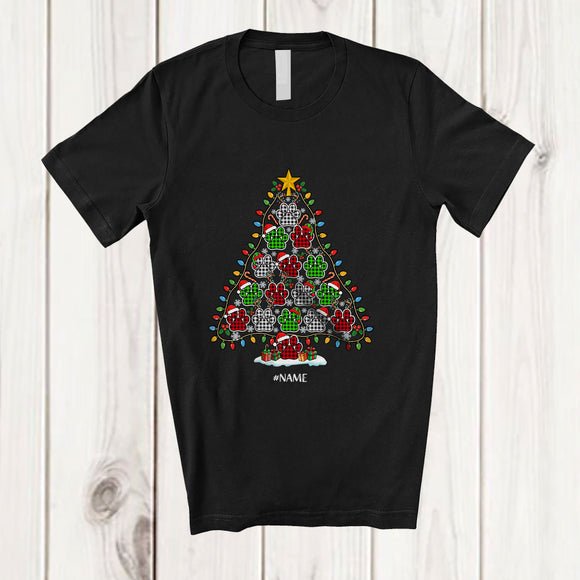 MacnyStore - Personalized Custom Name Plaid Dog Paws Christmas Tree; Amazing X-mas Lights Pajama Family T-Shirt