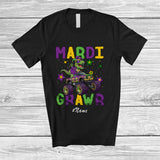 MacnyStore - Personalized Custom Name Mardi Grawr; Amusing Mardi Gras T-Rex Mask Beads Riding Monster Truck T-Shirt