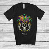 MacnyStore - Personalized Custom Name Three Mardi Gras Skulls; Scary Skull Beads; Carnival Party Parade Group T-Shirt