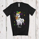 MacnyStore - Personalized Custom Name Cat Sunglasses Eating Hot Dog; Joyful Mardi Gras Beads Food T-Shirt