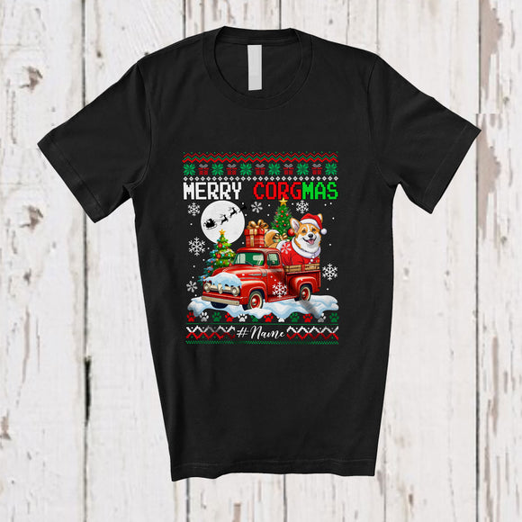 MacnyStore - Personalized Custom Name Merry Corgmas; Lovely Christmas Sweater Corgi On Pickup Truck T-Shirt