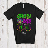MacnyStore - Personalized Custom Name Show Me The Titties; Sarcastic Mardi Gras Beads Mask Couple T-Shirt