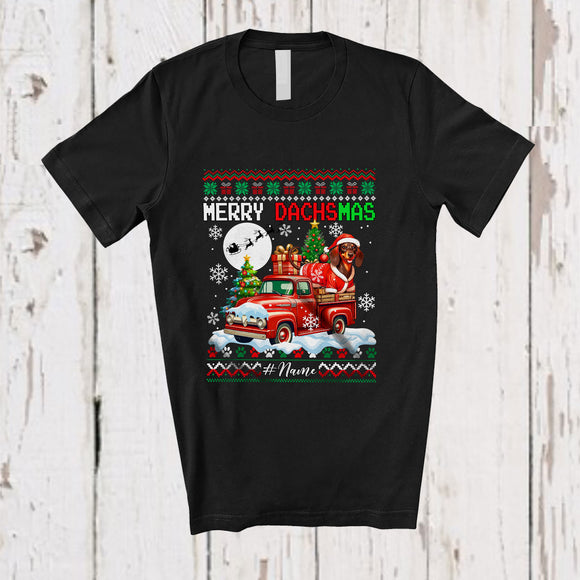 MacnyStore - Personalized Custom Name Merry Dachsmas; Lovely Christmas Sweater Dachshund On Pickup Truck T-Shirt