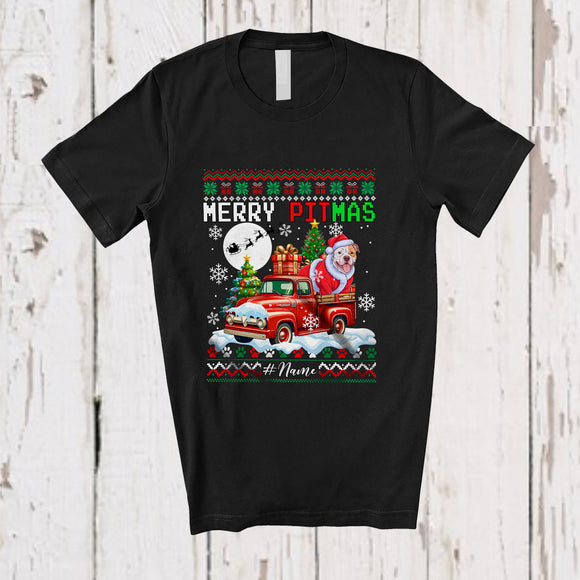 MacnyStore - Personalized Custom Name Merry Pitmas; Lovely Christmas Sweater Pit Bull On Pickup Truck T-Shirt
