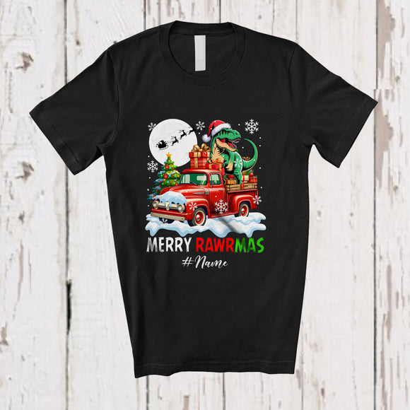 MacnyStore - Personalized Custom Name Merry Rawrmas; Lovely Christmas T-Rex Dinosaur On Pickup Truck; Family T-Shirt