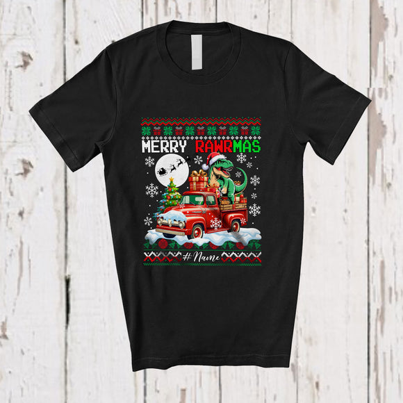 MacnyStore - Personalized Custom Name Merry Rawrmas; Lovely Christmas Sweater T-Rex On Pickup Truck T-Shirt