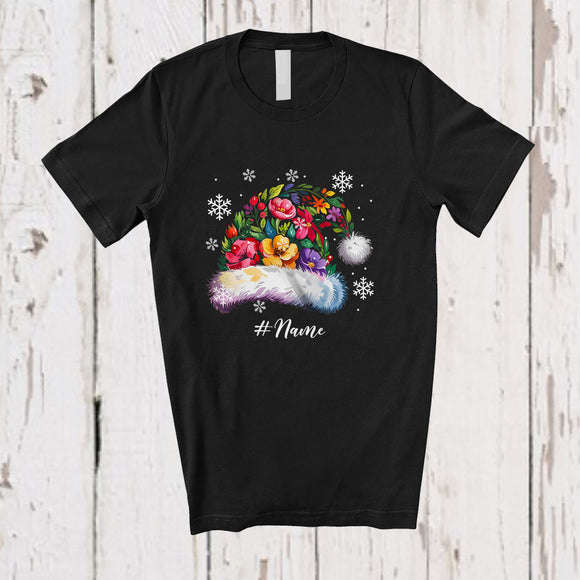 MacnyStore - Personalized Custom Name Floral Santa Hat Shape; Awesome Christmas Flowers Pajama Family T-Shirt
