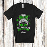 MacnyStore - Personalized Custom Name Shenanigans Lunch Lady; Adorable St. Patrick's Day Messy Bun Hair T-Shirt