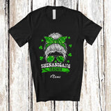 MacnyStore - Personalized Custom Name Shenanigans Teacher; Adorable St. Patrick's Day Messy Bun Hair T-Shirt