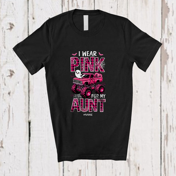 MacnyStore - Personalized Custom Name Wear Pink For Aunt; Lovely Halloween Breast Cancer Plaid Monster Truck T-Shirt