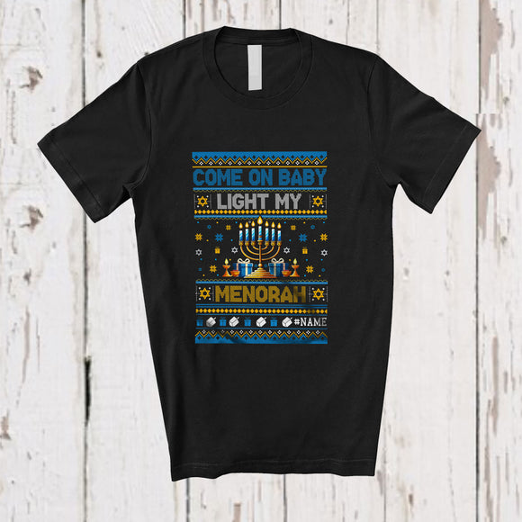 MacnyStore - Personalized Custom Name Light The Menorah; Humorous Hanukkah Lights Sweater Festival; Family T-Shirt