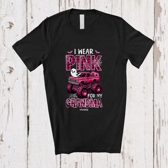 MacnyStore - Personalized Custom Name Wear Pink For Grandma; Lovely Halloween Breast Cancer Plaid Monster Truck T-Shirt