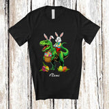 MacnyStore - Personalized Custom Name Bunny Riding T-Rex; Amusing Easter T-Rex Holding Eggs Basket T-Shirt