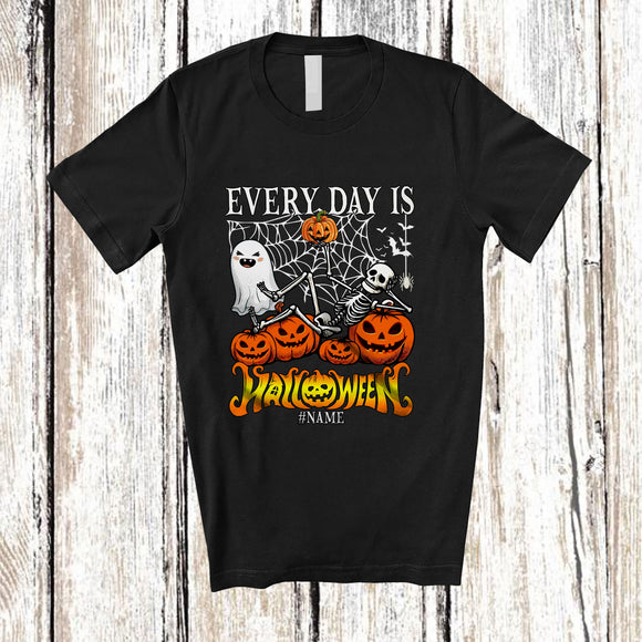 MacnyStore - Personalized Custom Name Every Day Is Halloween; Creepy Ghost Skeleton Relax On Pumpkins T-Shirt