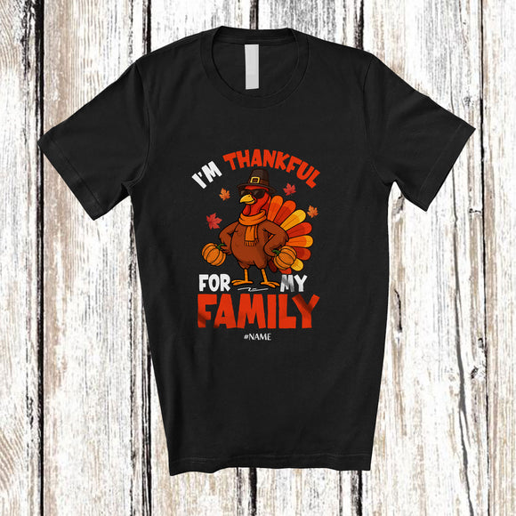 MacnyStore - Personalized Custom Name I'm Thankful For My Family; Sarcastic Thanksgiving Boy Turkey T-Shirt