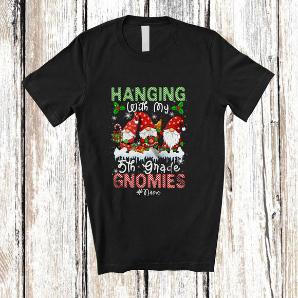 MacnyStore - Personalized Hanging With 5th Grade Gnomies; Merry Christmas 3 Gnomes; Custom Name Teacher T-Shirt