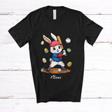 MacnyStore - Personalized Custom Name Bunny Playing Baseball; Lovely Easter Player Team; Sport Eggs Hunting T-Shirt