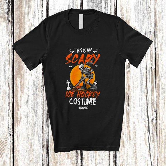 MacnyStore - Personalized Custom Name My Scary Ice Hockey Costume; Creepy Halloween Skeleton Playing Sport Player T-Shirt