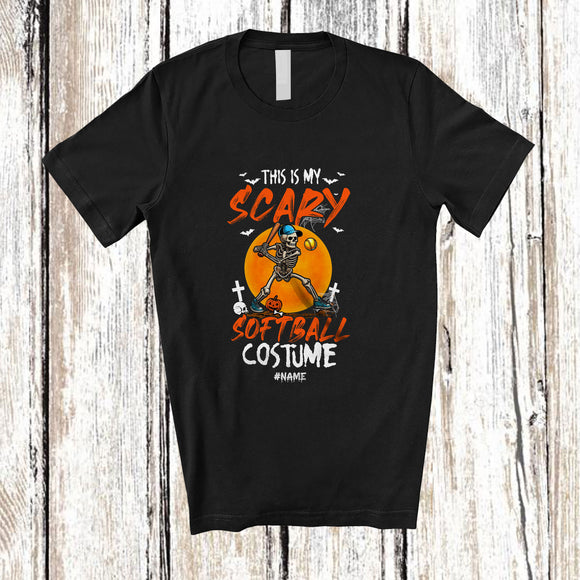 MacnyStore - Personalized Custom Name My Scary Softball Costume; Creepy Halloween Skeleton Playing Sport Player T-Shirt