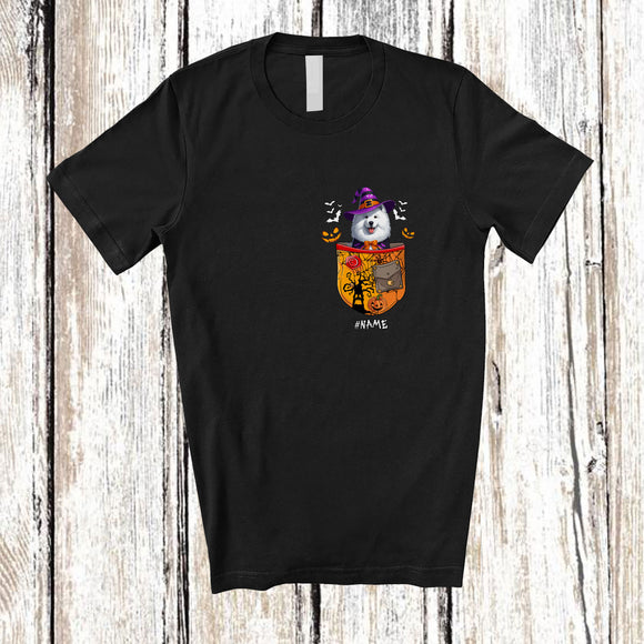 MacnyStore - Personalized Custom Name Samoyed Witch In Pocket; Scary Halloween Pumpkin; Family T-Shirt