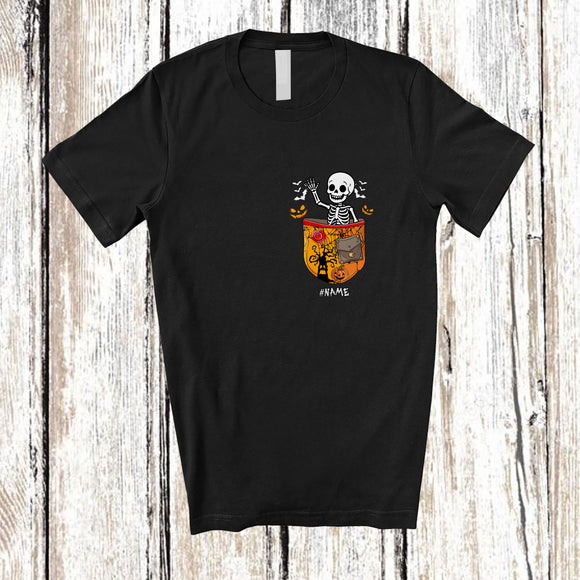 MacnyStore - Personalized Custom Name Skeleton In Pocket; Scary Halloween Skeleton Pumpkin; Family T-Shirt