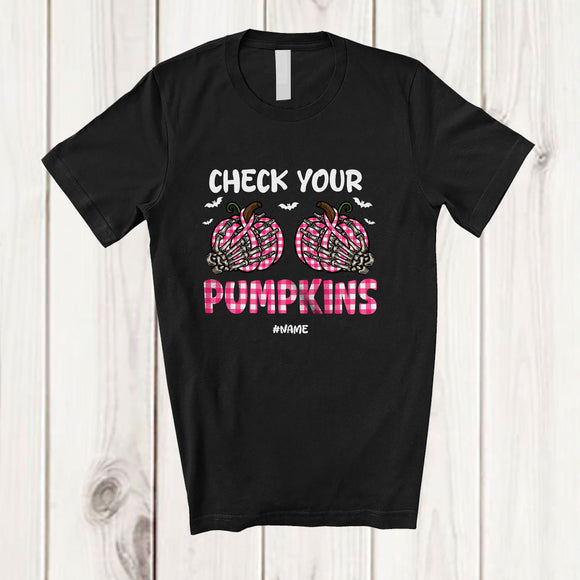 MacnyStore - Personalized Custom Name Check Your Pumpkins; Scary Breast Cancer Halloween Pink Skeleton Hands T-Shirt