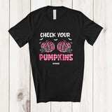 MacnyStore - Personalized Custom Name Check Your Pumpkins; Scary Breast Cancer Halloween Pink Skeleton Hands T-Shirt