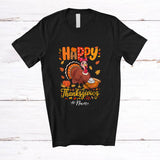 MacnyStore - Personalized Custom Name Happy Thanksgiving; Lovely Turkey Bow Tie Pumpkin Pie Fall Leaves T-Shirt