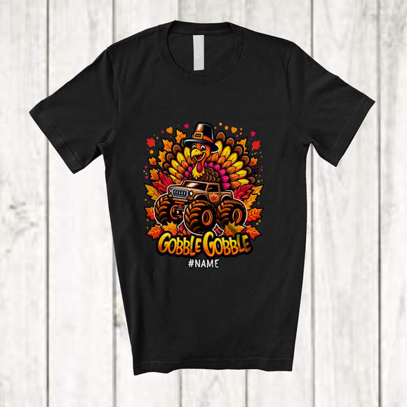 MacnyStore - Personalized Custom Name Gobble; Joyful Thanksgiving Turkey Gaming On Monster Truck; Gamer T-Shirt