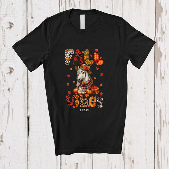 MacnyStore - Personalized Custom Name Fall Vibes; Adorable Thanksgiving Farmer Horse Autumn Leopard Plaid T-Shirt