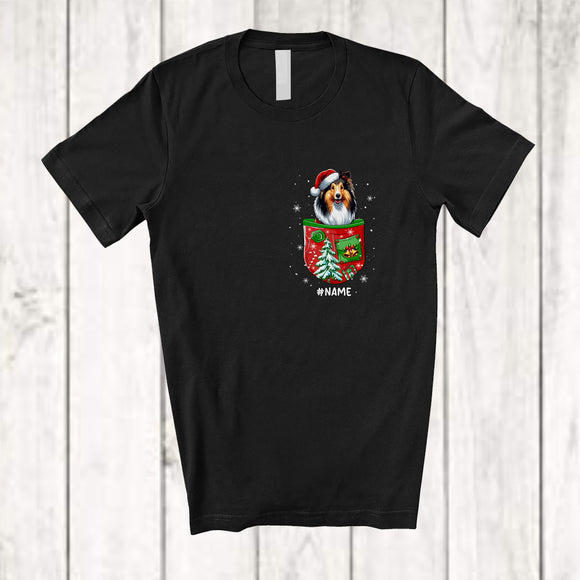 MacnyStore - Personalized Custom Name Shetland Sheepdog Santa In Pocket; Lovely Christmas Pajama Family T-Shirt