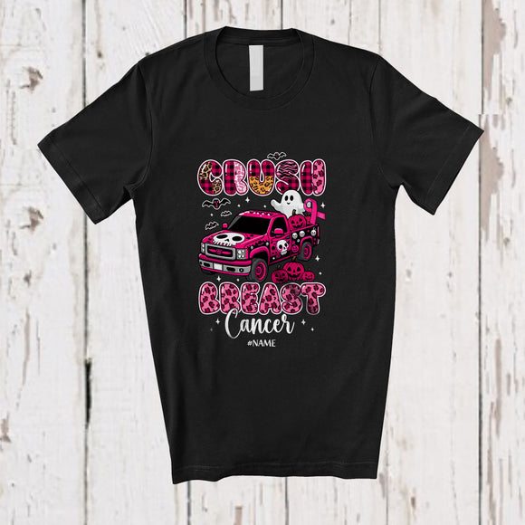 MacnyStore - Personalized Custom Name Crush Breast Cancer; Lovely Halloween Pink Leopard Plaid Boo Pickup Truck T-Shirt
