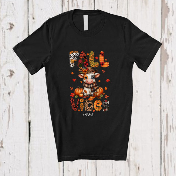 MacnyStore - Personalized Custom Name Fall Vibes; Adorable Thanksgiving Farmer Cow Autumn Leopard Plaid T-Shirt